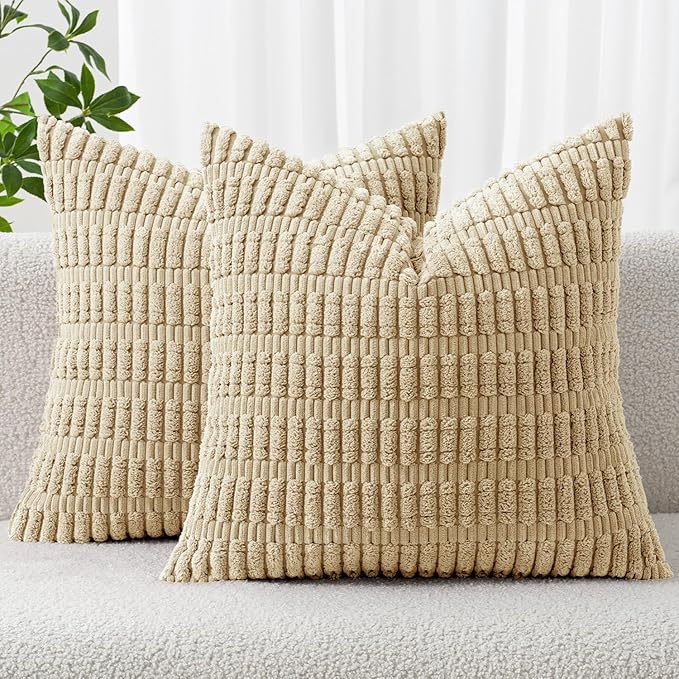 MIULEE Pack of 2 Corduroy Decorative Throw Pillow Covers 12x12 Inch Soft Boho Striped Pillow Covers Modern Farmhouse Home Decor for Sofa Living Room Couch Bed Tan