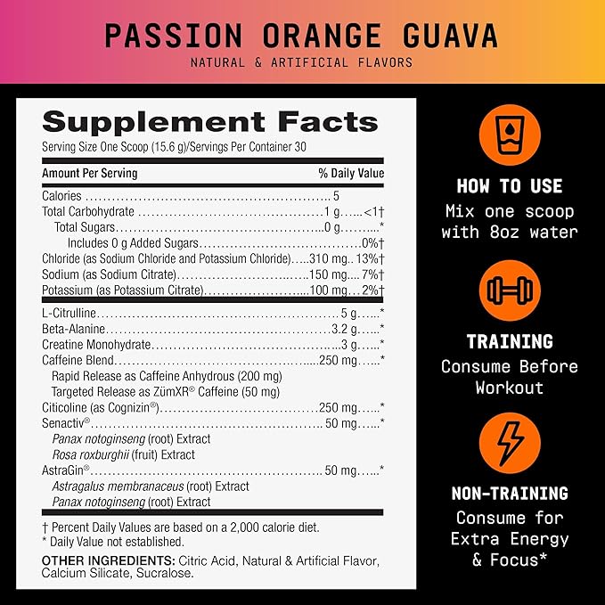BEYOND RAW LIT V2 Clinical Strength Pre Workout Powder, Hits Harder, Bigger Pumps, Caffeine, L-Citrulline, Creatine, Passion Orange Guava, 30 Servings