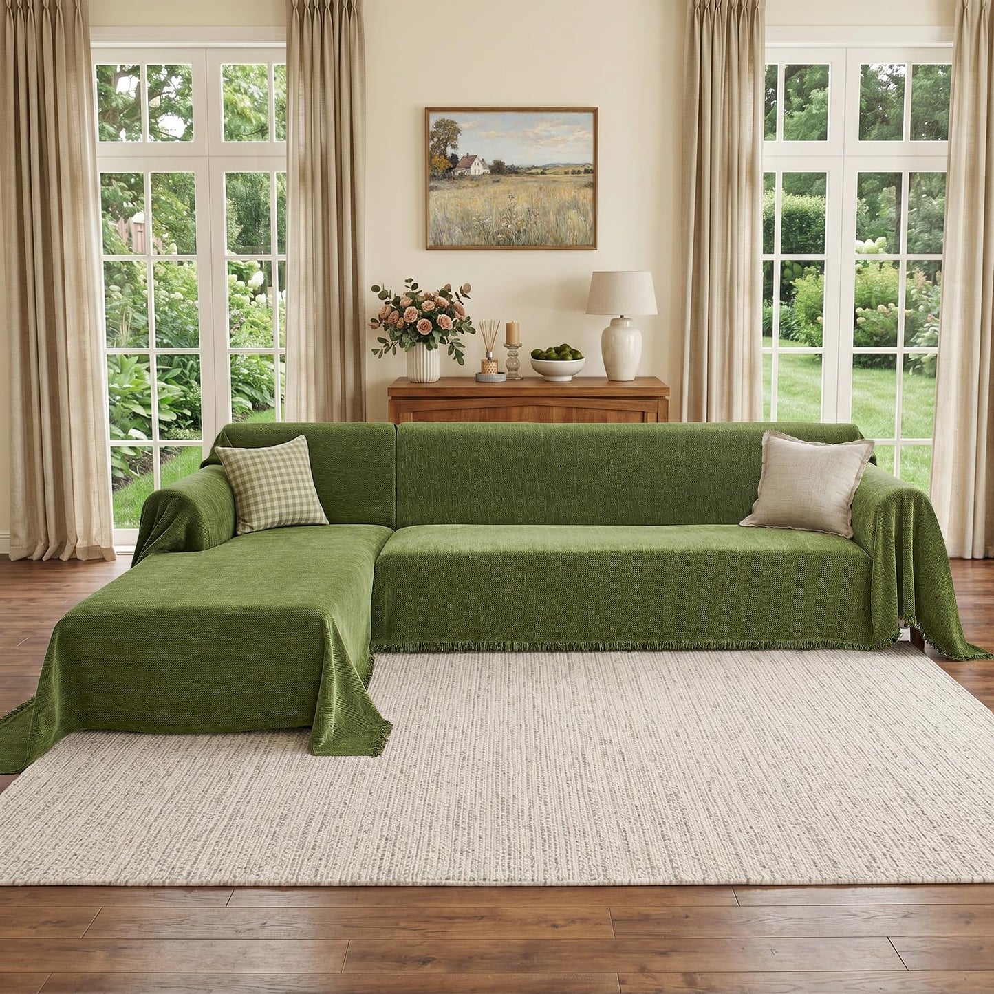 CAPALOCA Sectional Couch Covers 2 Pieces, L Shaped Couch Cover with Herringbone Pattern Chenille Sectional Cover Washable Sofa Slipcovers (X-Large: 71" x 110" + 71" x 118", Green)