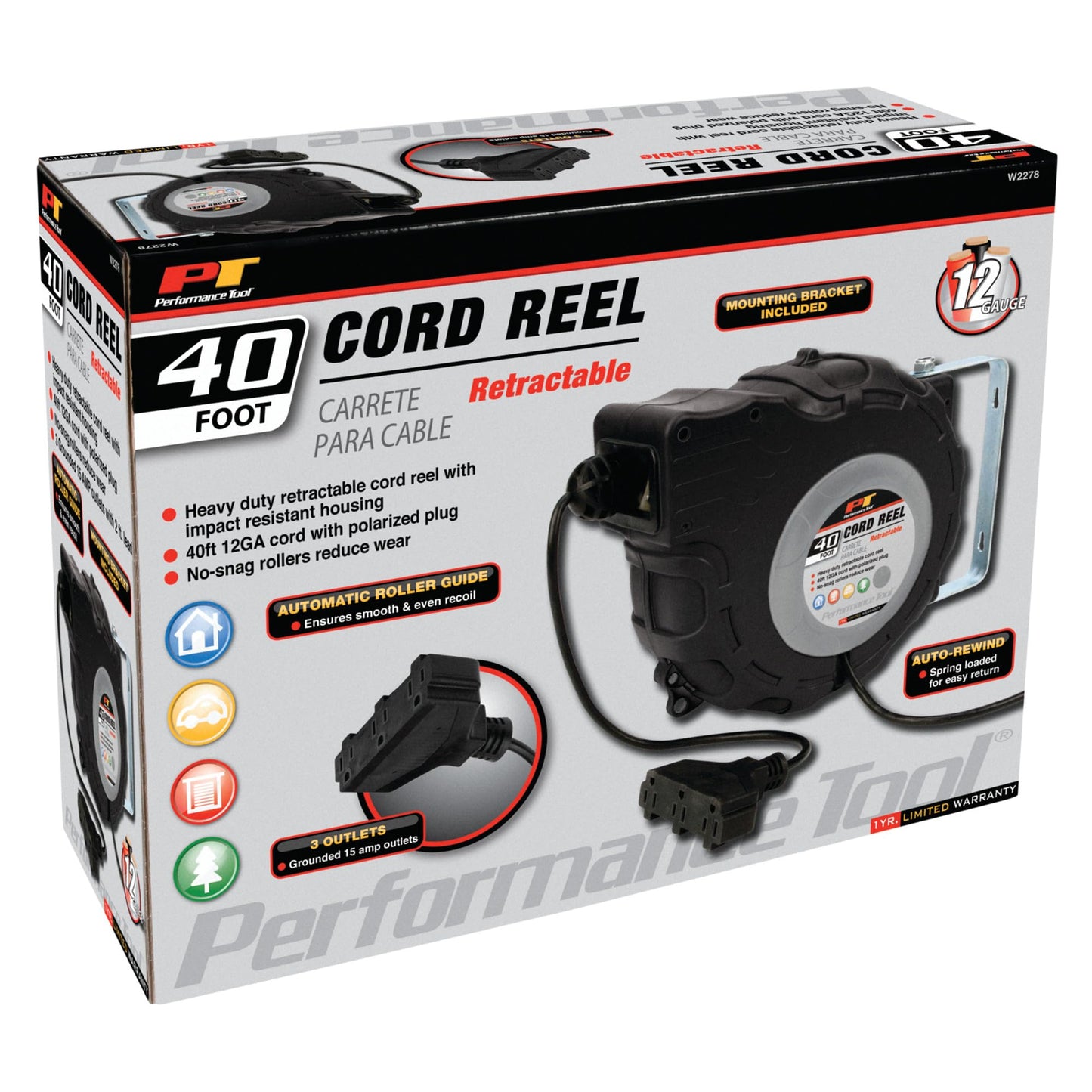 Performance Tool W2278 40ft 12-Gauge Retractable Power Cord Reel with Spring Loaded Auto-Rewind