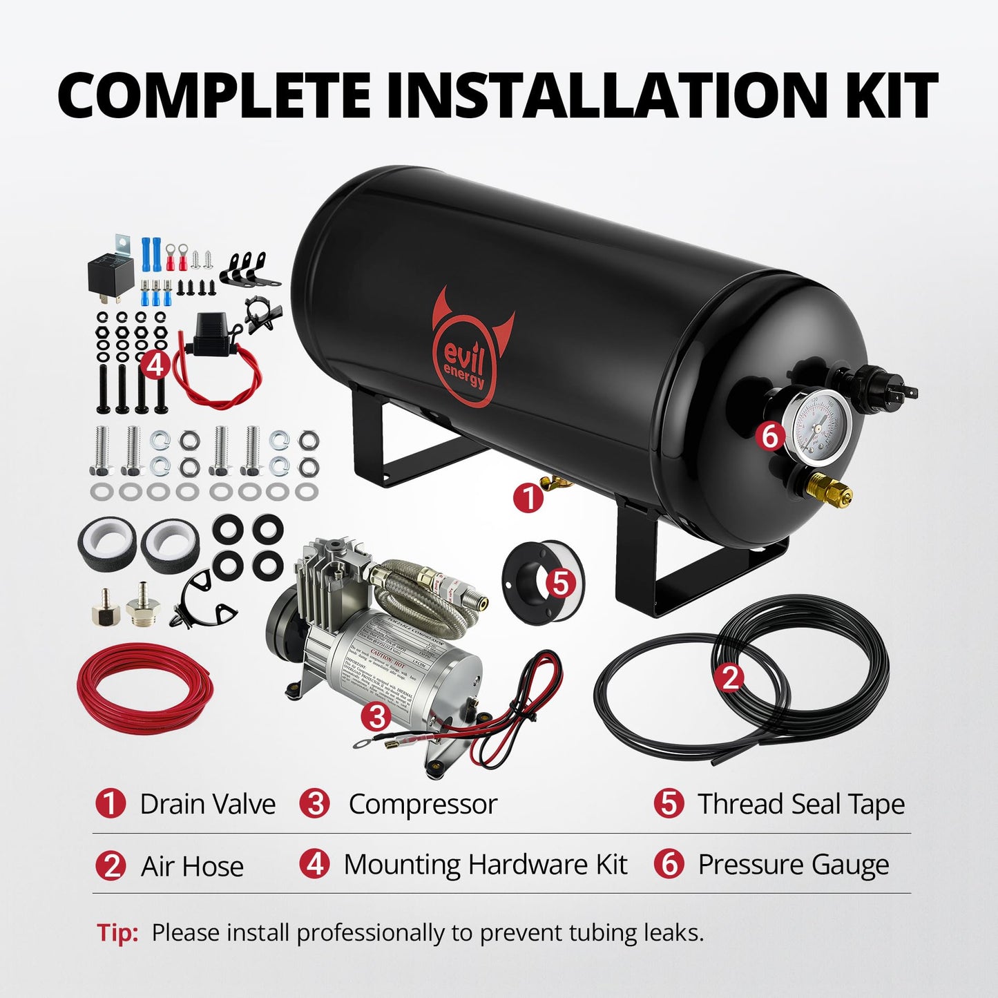 EVIL ENERGY 2 Gallon Air Tank and Compressor Kit 6 Ports 1/4" NPT 150PSI Rated 12V Compressor Air Tank for Air Horn, Inflating Tires, Car, Truck, Suspension Systems, Train Horn, DIY Pneumatic Tools