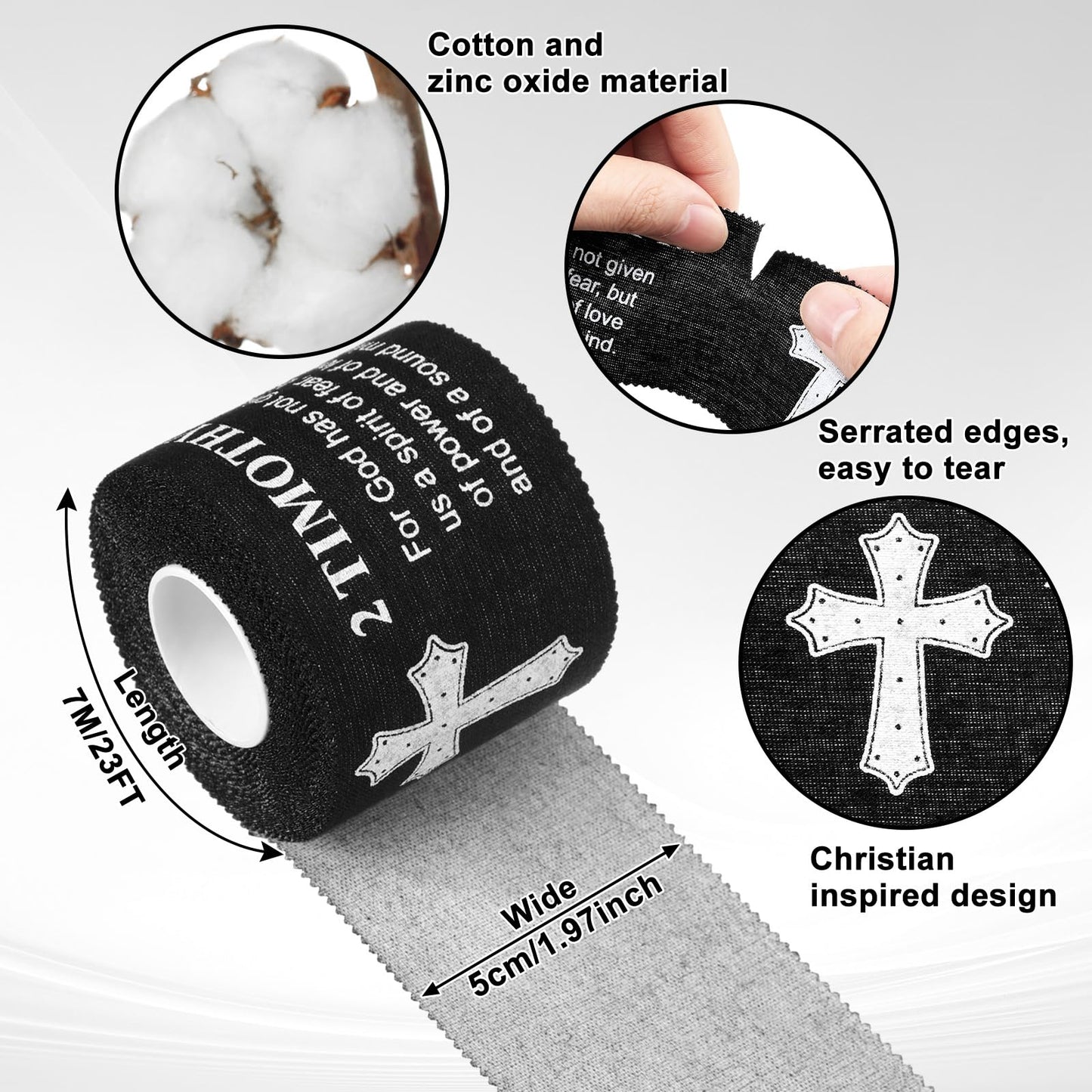 Zeyune Christian Athletic Tape with Cross Sport Tape 2IN X 23FT Religious Wrist Wrap for Football Baseball Soccer Christian Gift for Mother's Day Father's Day Nurses Week Church(Black)