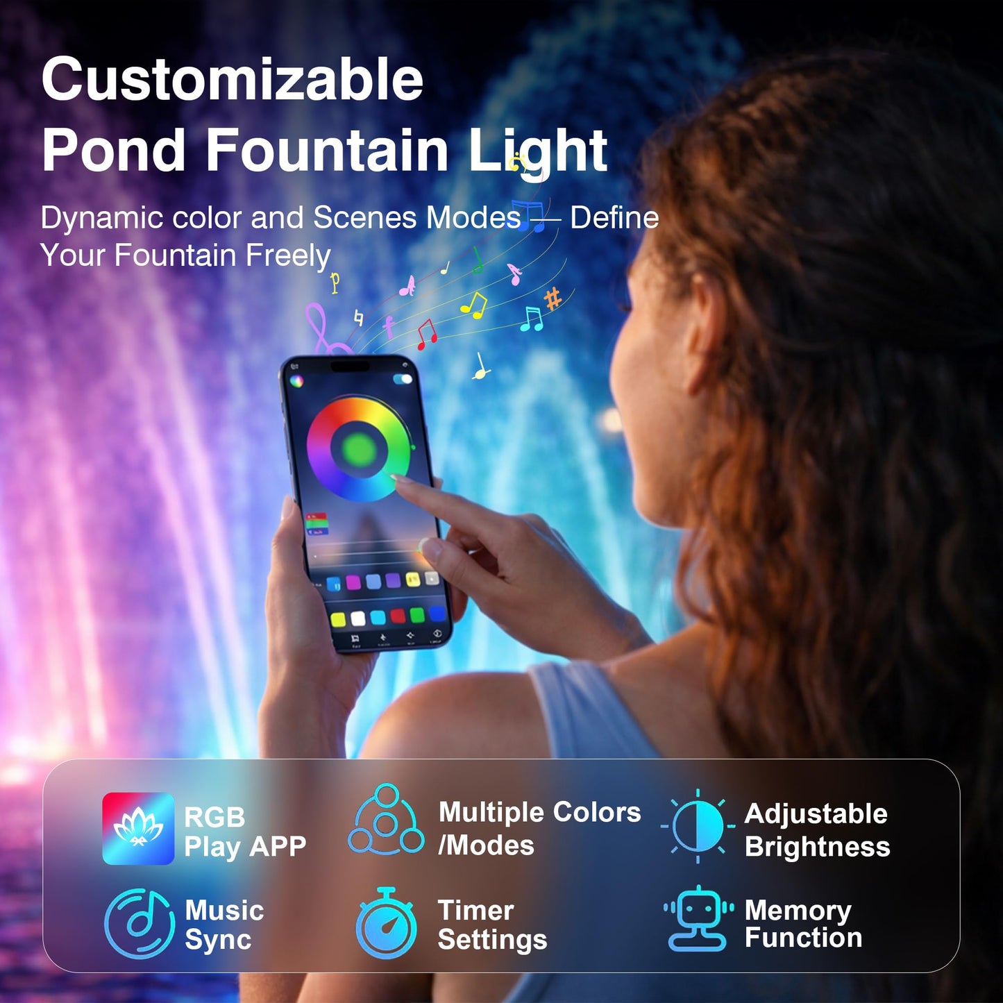 Pond Fountain Aerator Lights, RGB LED Color-Changing Aerator Floating Fountain Light, AC 120V, 100ft Cable with Controller, APP & Remote Control, Compatible with Most Pond Aerators (Pump Not Included)