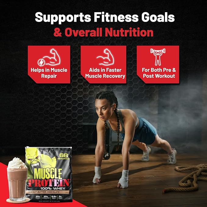 Muscle Protein Whey Powder [5 lbs/Pack of 1]??Cold Filtered, 25g Pure Protein, 6.6g BCAAs (Packaging May Vary) (5 Pound (Pack of 1), Peanut Butter Chocolate)