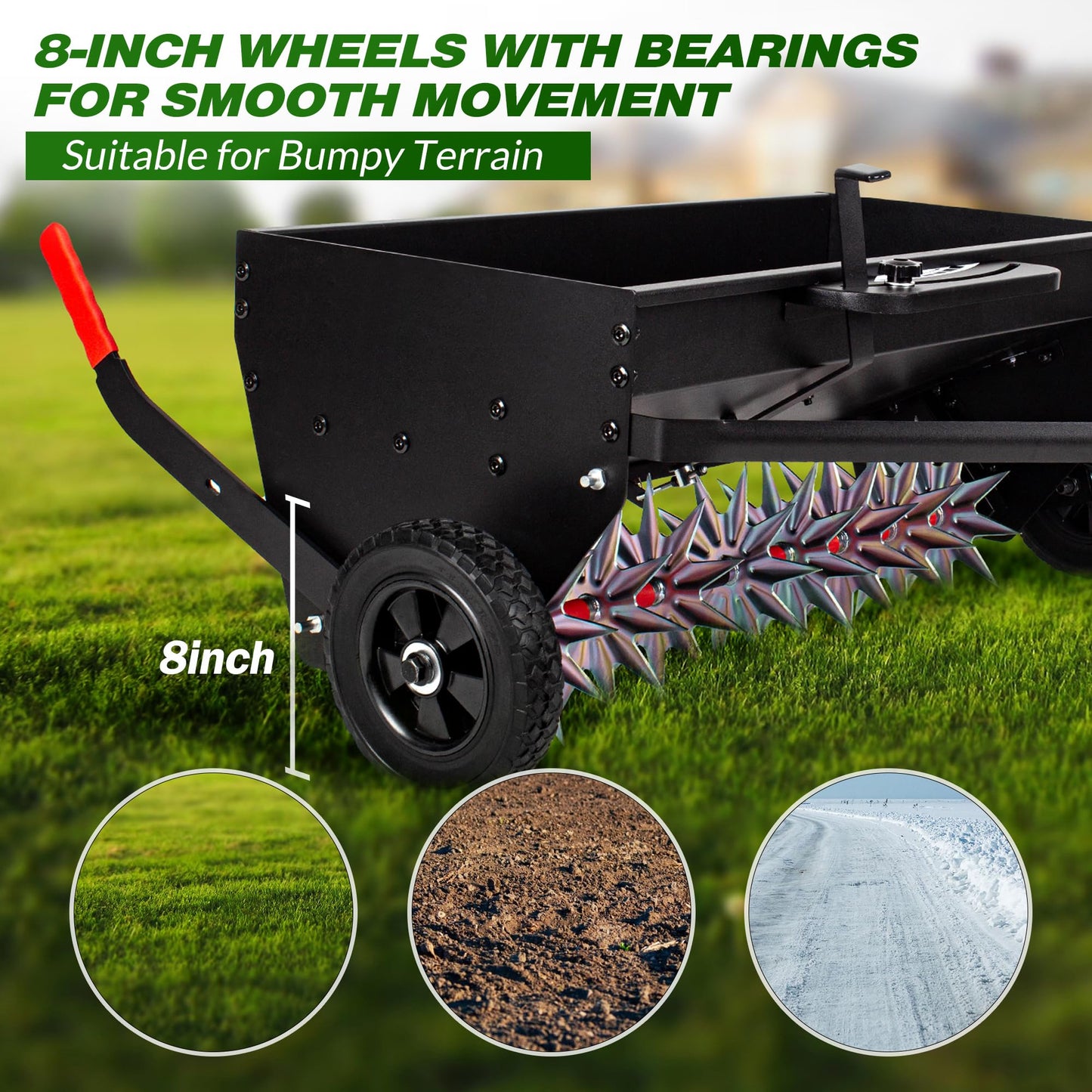 Suchtale Upgrade 40-Inch Tow Behind Spiker Seeder,Combination Tow Spike Aerator,Broadcast Spreader,Steel Hopper Lawn Drop Seed Fertilizer and Spreader,Lawn Soil Aerator Spikes Tractor
