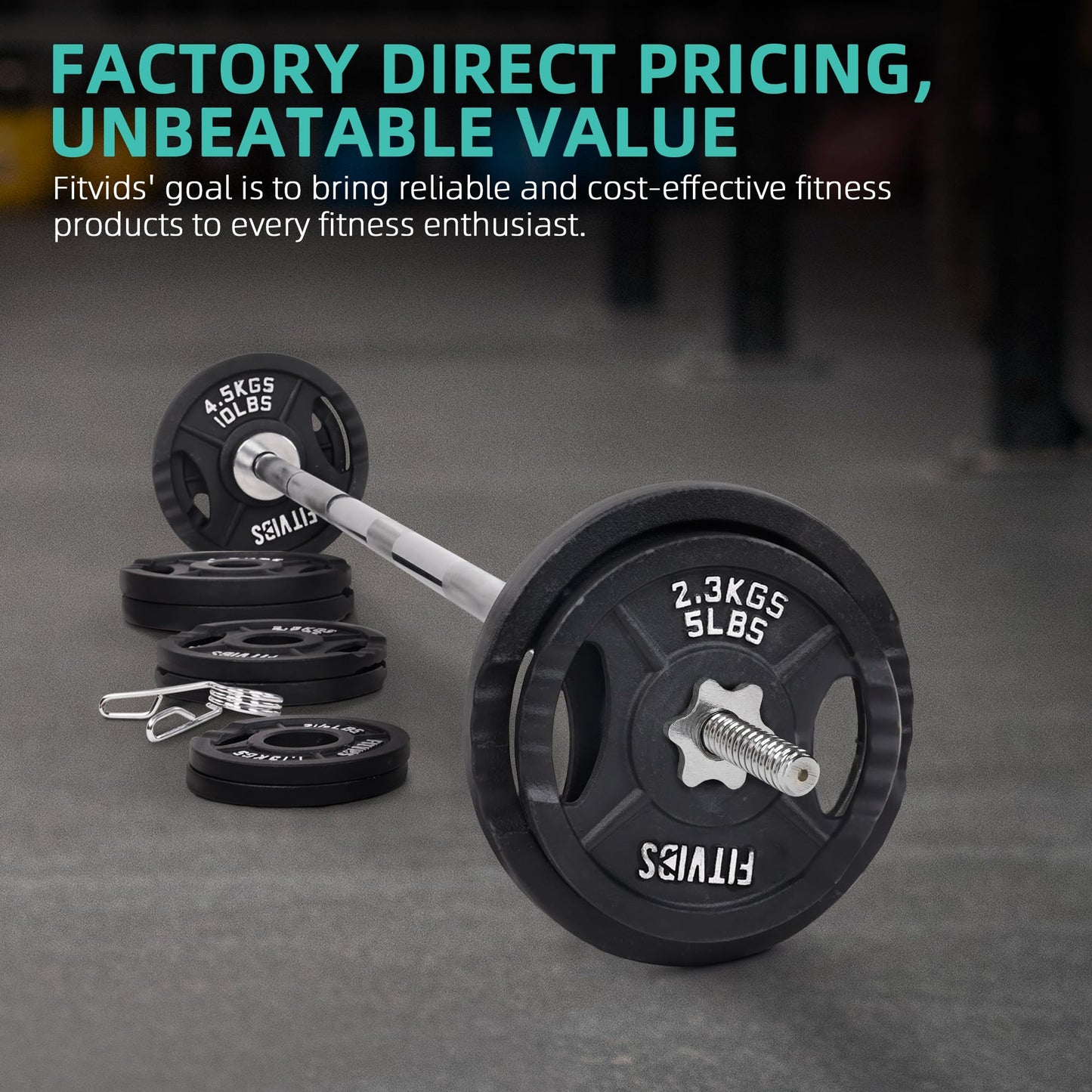 Fitvids Cast Iron 1" Standard Weight Plates Including 5FT Standard Barbell Bar & Star Locks, 95 Pounds Sets