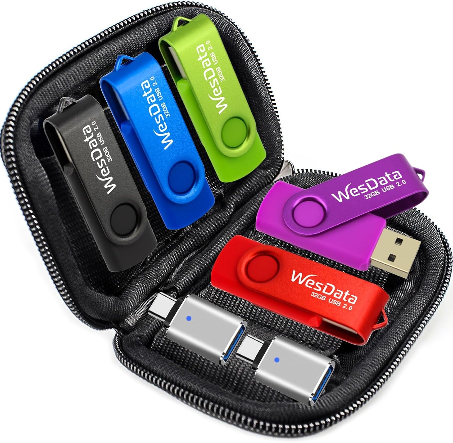 WesData 5 Pack 8GB 2 Pack PC(5 USB Flash Drive and USB C Adapters in a Case, Thumb Drives Memory Stick Storage