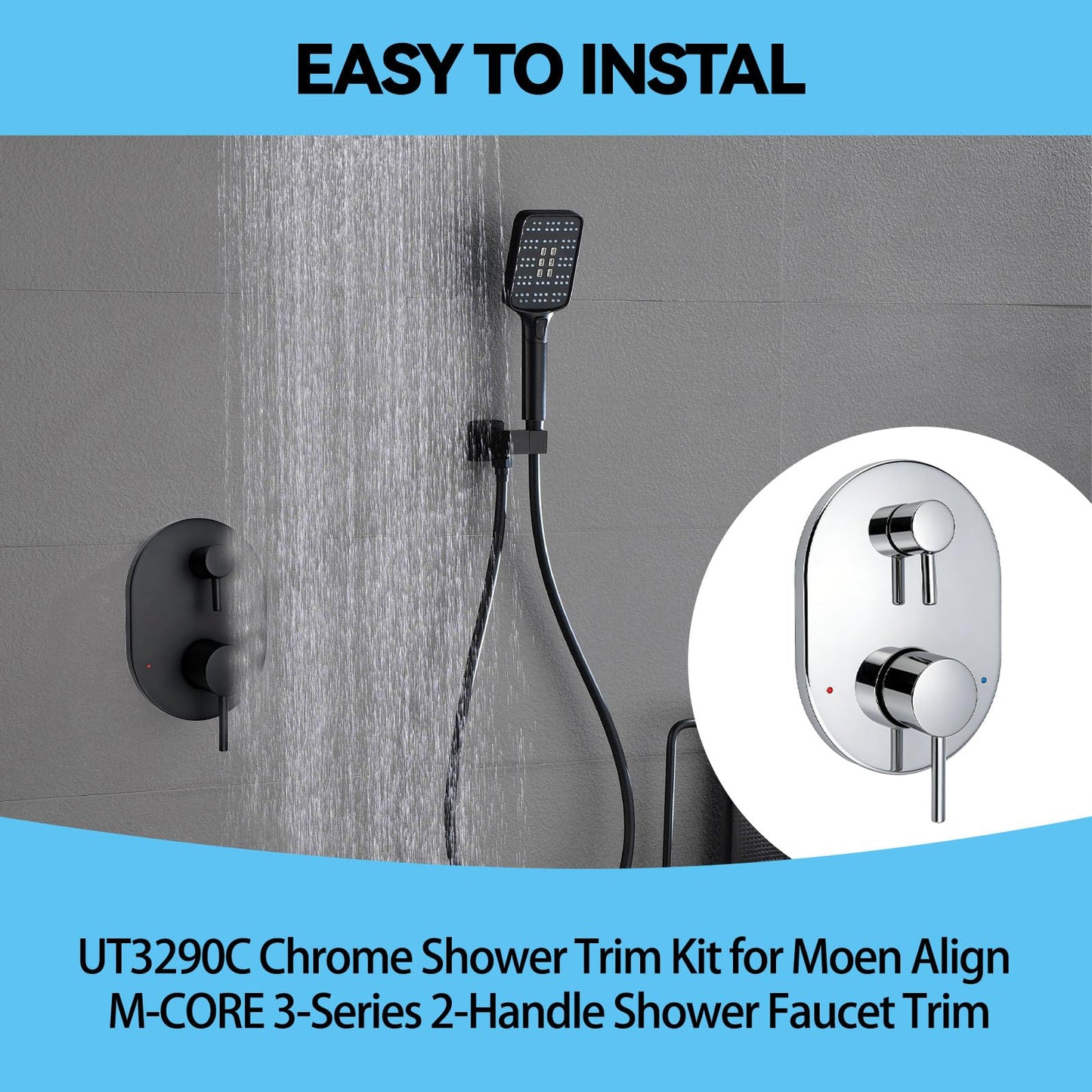 UT3290 Chrome Shower Valve Trim Kit for Moen Align M-CORE 3-Series 2-Handle Shower Faucet Trim, Shower Handle Trim Includes 1213 Cartridge for Moen U232 U362 M-CORE Mixing Valve, Valve Required