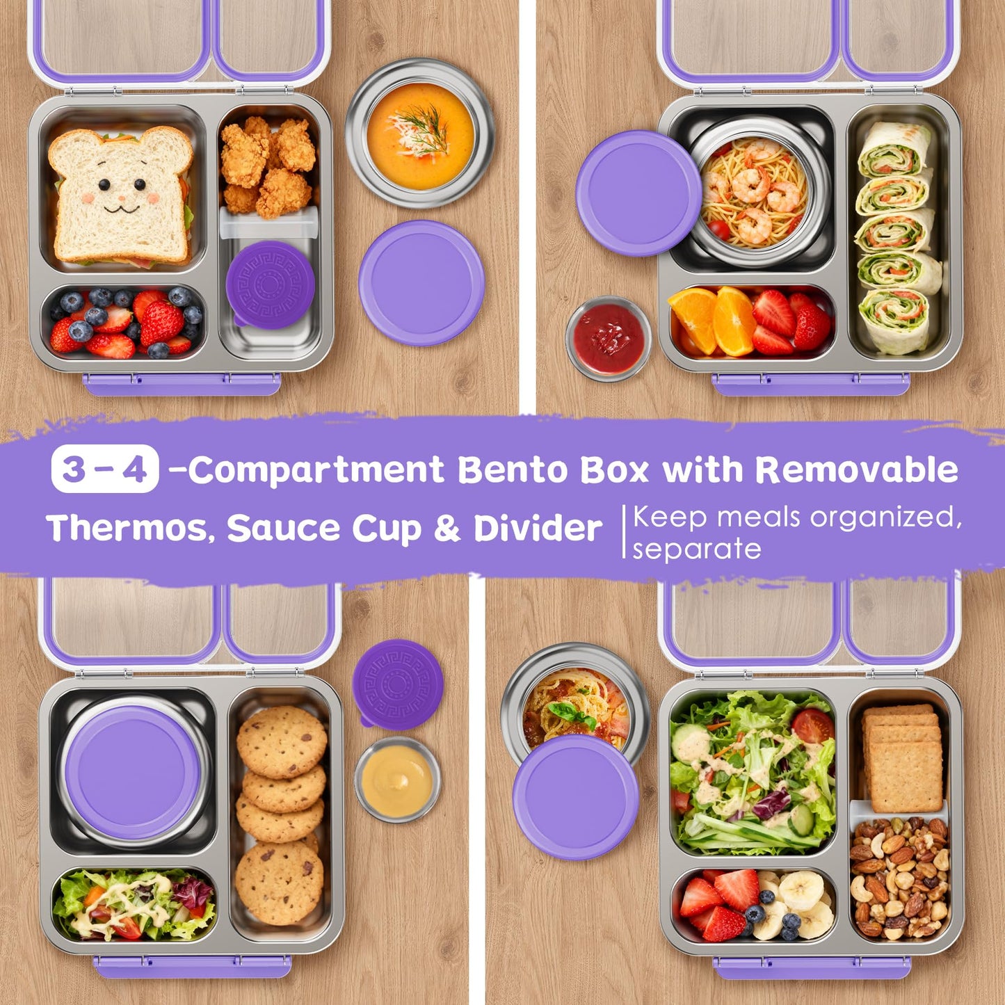 Pawtong Stainless Steel Bento Box Kids Adult with 7oz Insulated Food Jar, Transparent Lid Metal Lunch Box With Soup Thermal Jar, Lunch Box Container with Removable Divider & Sauce Cup School (Purple)