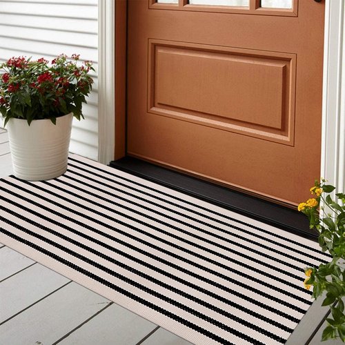 LEEVAN Outdoor Rug Runner - Black and White Striped Cotton Woven Doormat | 2x4 ft Washable for Home & Porch