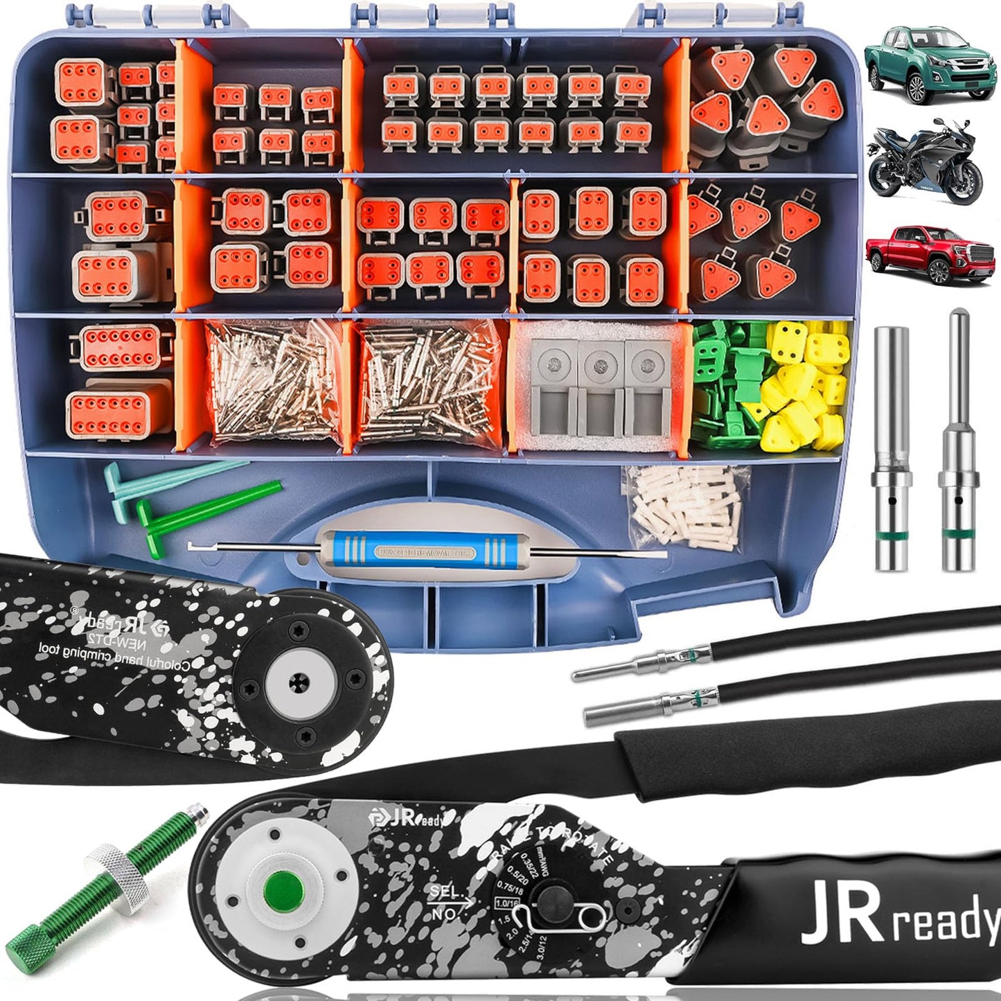 JRready DW5007-02 Deutsch Connector Kit, DT 2 3 4 6 8 12 Pin Automotive Electrical Connectors, Deutsch Crimping Tool 12-22AWG with Size 16 Solid Contacts, Connector Removal Tool, Seal Plugs