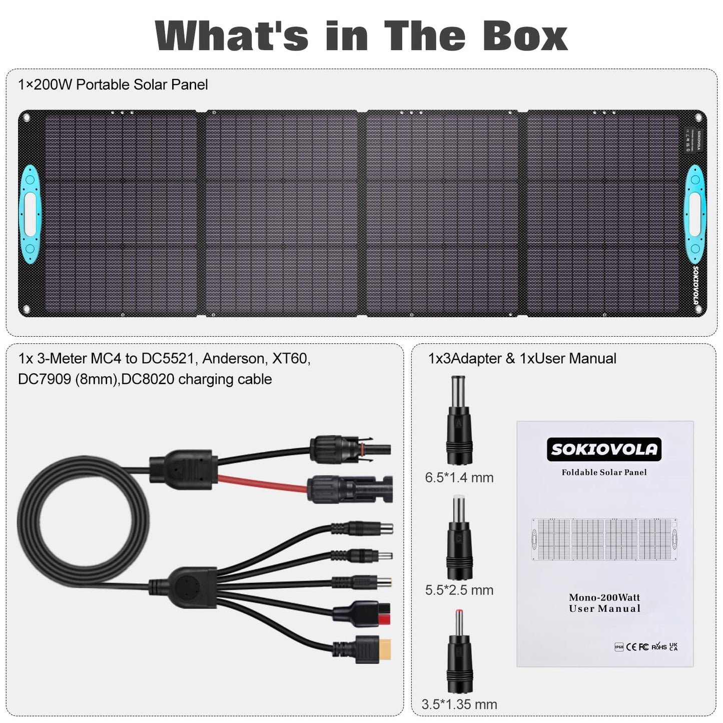 SOKIOVOLA 200W Portable Solar Panels for Power Station, IP68 Waterproof ETFE Foldable Solar Panel Kit 25% High Conversion Efficiency Solar Panel for Camping Outdoor RV Blackout