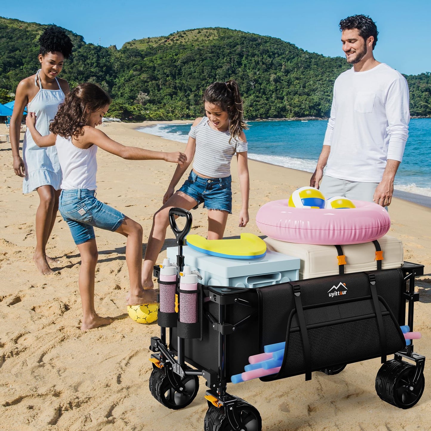 Uyittour Collapsible Wagon Cart Heavy Duty Foldable, Folding Beach Wagon with Big Wheels for Sand, Utility Grocery Cart with Side Pocket and Brakes for Camping Sports Outdoor Activities, Black