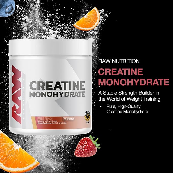 RAW Nutrition Creatine Monohydrate Powder, Fruit Punch (30 Servings) - Micronized Creatine Monohydrate Supplement for Workout Performance, Build Muscle & Strength - Creatine Powder for Men & Women