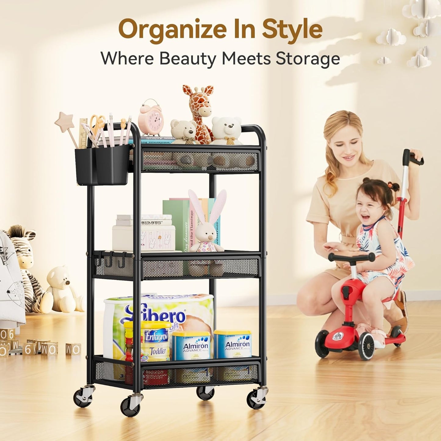 YASONIC 3-Tier Rolling Cart - Metal Utility Storage with Wheels & Hooks | Black Craft Organizer
