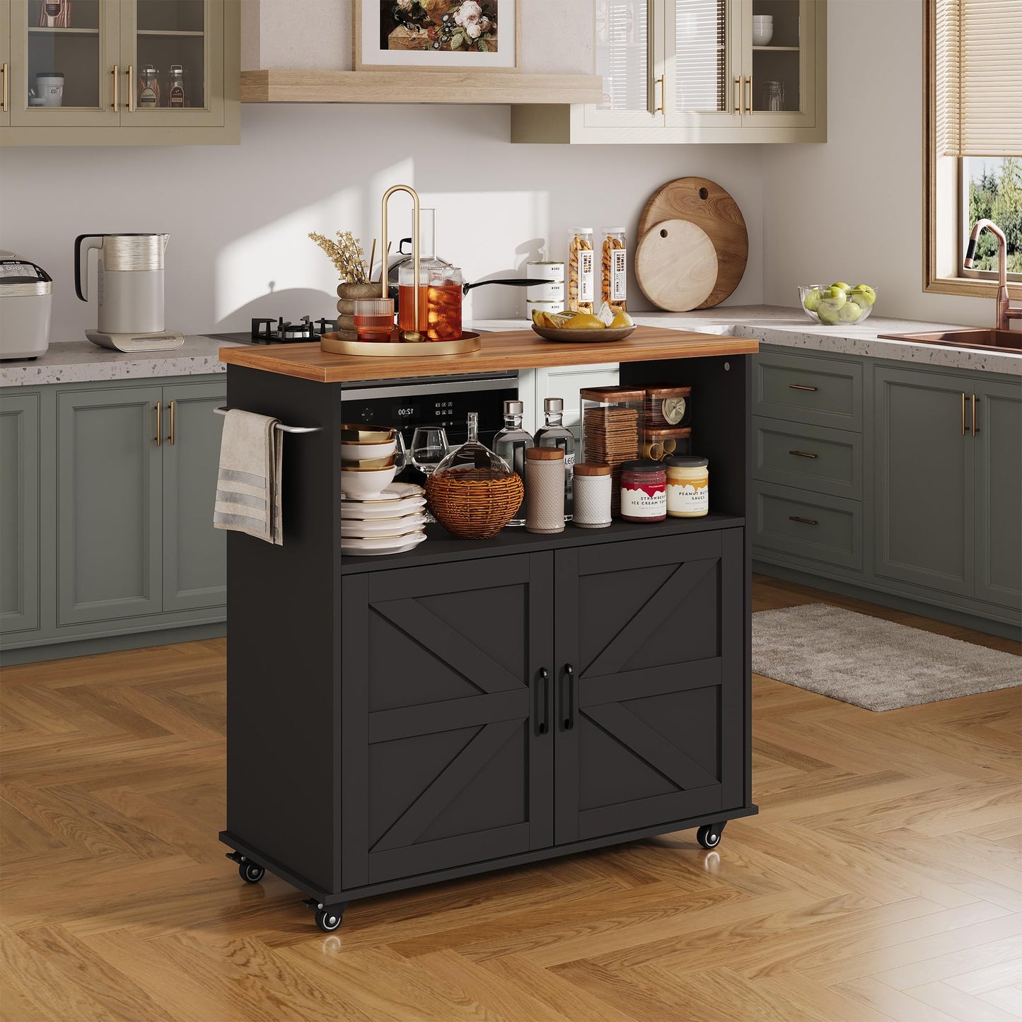 GarveeLife Rolling Kitchen Island with Storage Cabinet, 40.4'' Width Kitchen Cart, Portable Mobile Kitchen Island with Towel Rack, Wood Top and Lockable Wheels for Kitchen, Dining Room