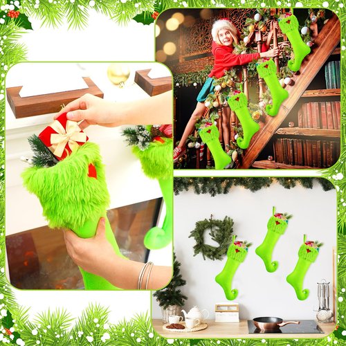 Coume 4 Pcs 19 Inch Lime Green Christmas Stockings Green Faux Fur Xmas Elf Stockings Hanging Christmas Treat Bag Candy Pouch Holder Fireplace Hanging Decor for Xmas Holiday Family Party
