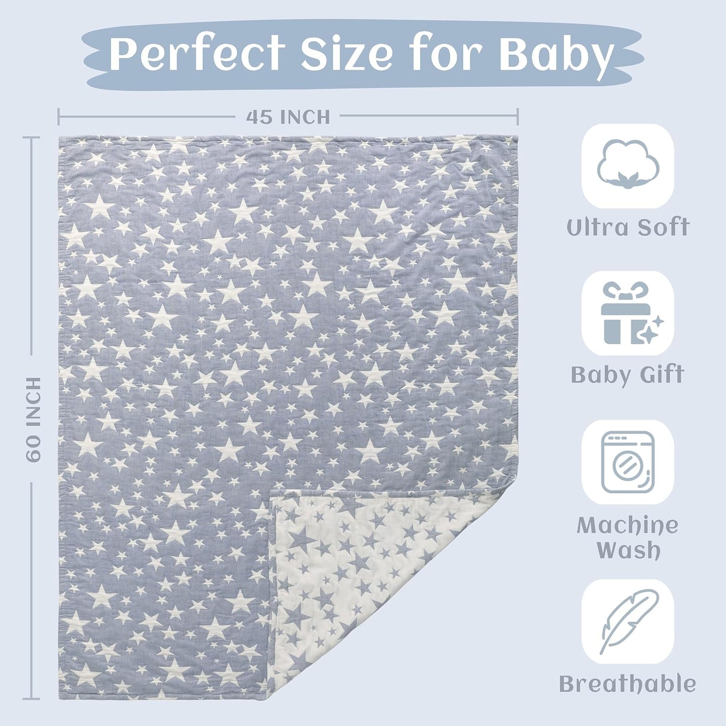NTBAY Oversized Muslin Cotton Toddler Blanket - Super Soft Reversible Nursery Bed Blanket, 45"x60", Blue/White Star