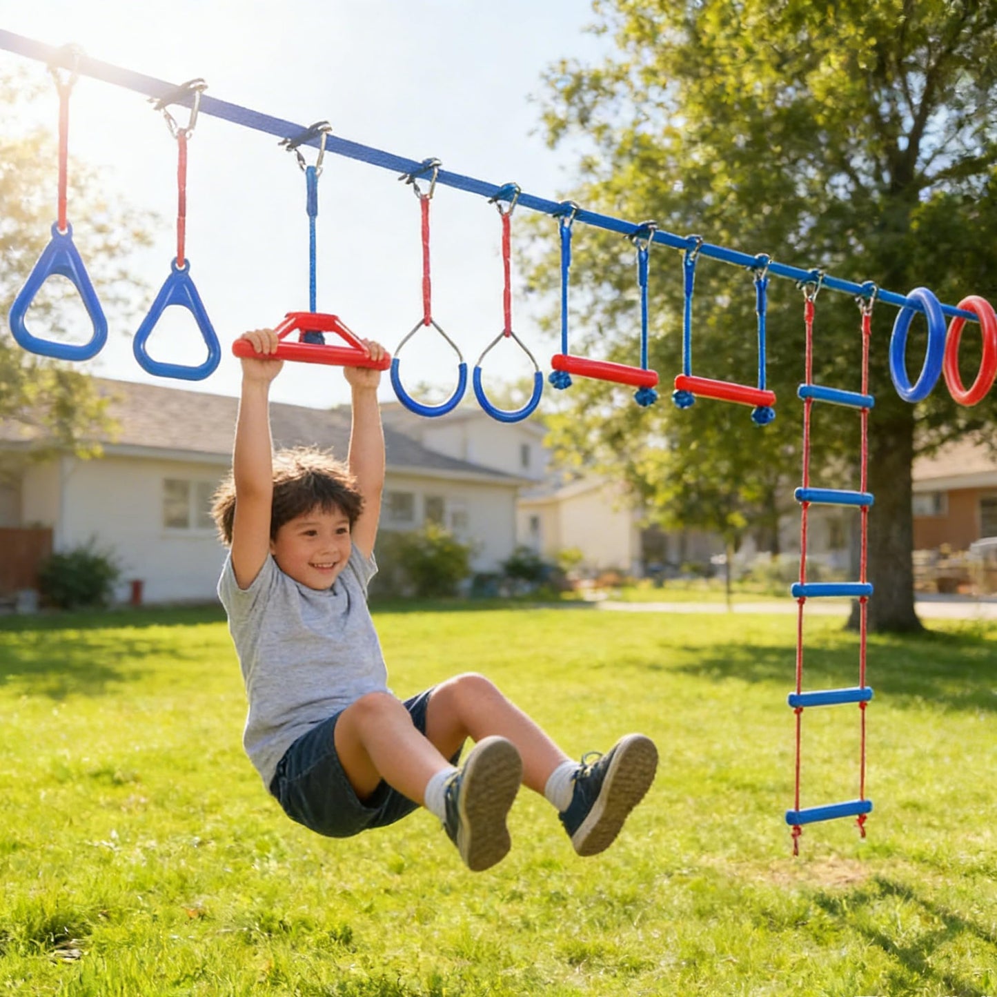 Wavmor Ninja Warrior Obstacle Course for Kids Backyard-1×50ft Slackline Kit with 10 Most Complete Accessories for Boys & Girls, Rope Ladder, Gymnastic Ring, Arm Trainer and Monkey Fist