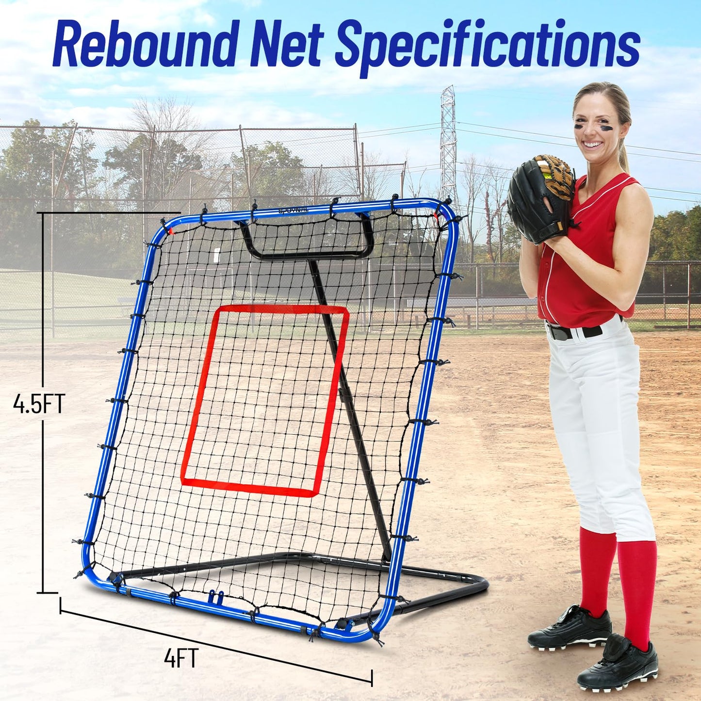 SPOYNAL Baseball Rebounder Net 4 x 4.5 FT Baseball Training Equipment Base Ball Bounce Back Net with 5 Return Angles Softball Pitching Net Fly Ball Line Drive Ground Ball Training Net for Fielding