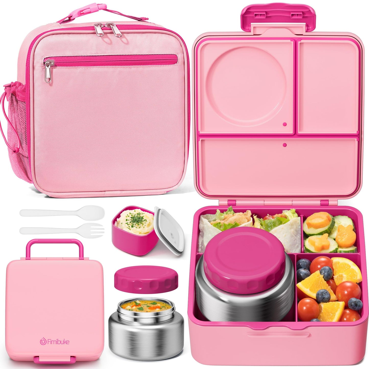 Fimibuke Kids Bento Lunch Box with Thermo, Leakproof Toddler Bento Box with 8.5OZ Insulated Food Jar, Lunch Bag & Utensils BPA Free Dishwasher Safe 3 or 4 Compartment Container for School Girls Boys