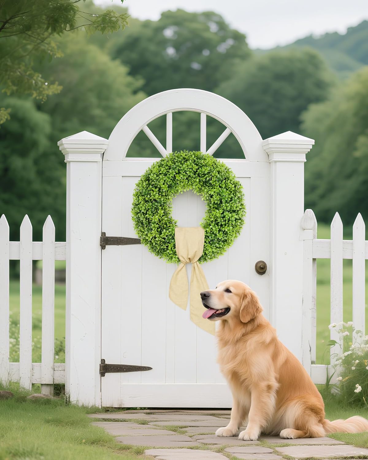 Vlorart 23-Inch Large Boxwood Door Wreath - All-Season Artificial Greenery with Sash & Bow for Indoor/Outdoor Decor