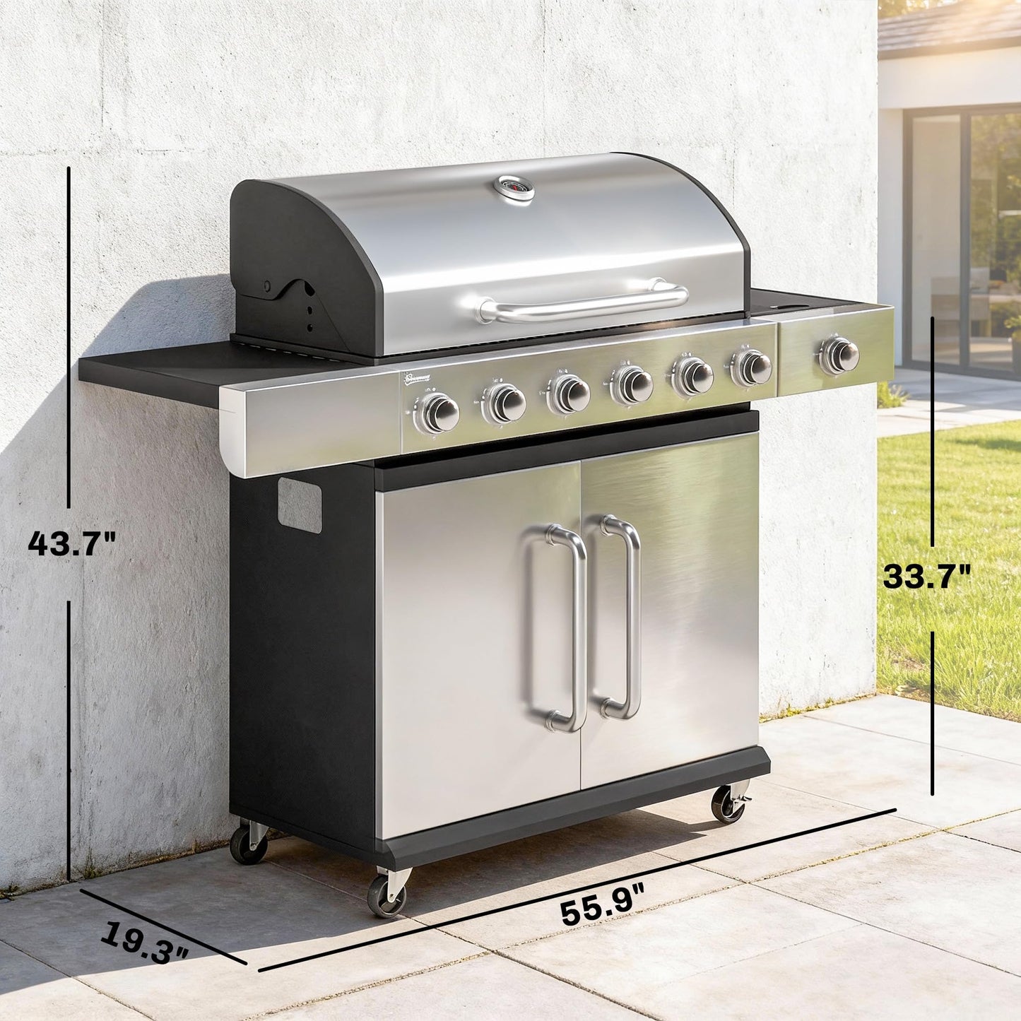 Outsunny 6 Burner Propane Gas Grill with Side Burner, 63,000 BTU Stainless Steel Barbecue Grill with Cast Iron Grates, Wheels, Warming Rack, Side Tables, Cabinet for Outdoor Kitchen, Backyard Barbecue