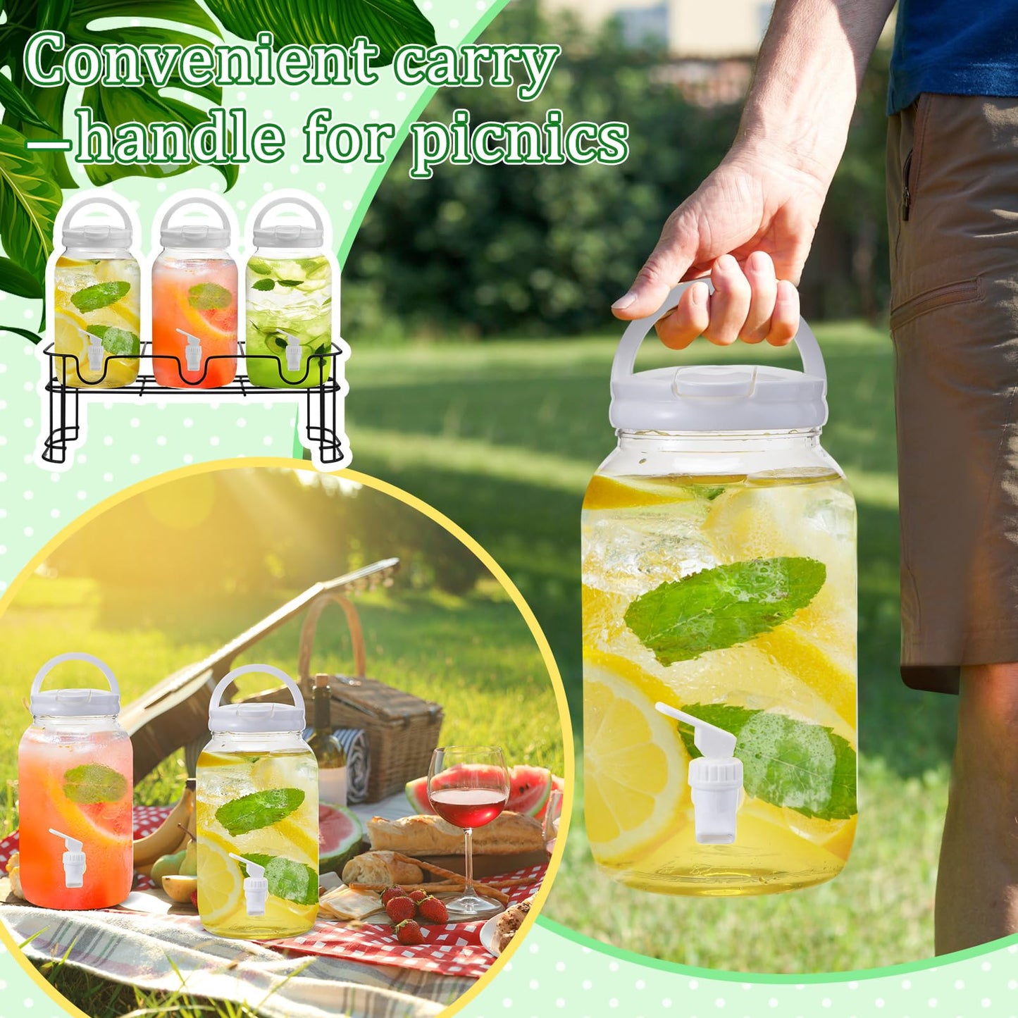 Tanlade 3 Pcs Plastic Drink Dispenser with Stand Beverage Dispenser with Sturdy Metal Base Juice Dispensers for Parties Lemonade Jar Spigot for Weddings Countertop, Each 1 Gallon(White)