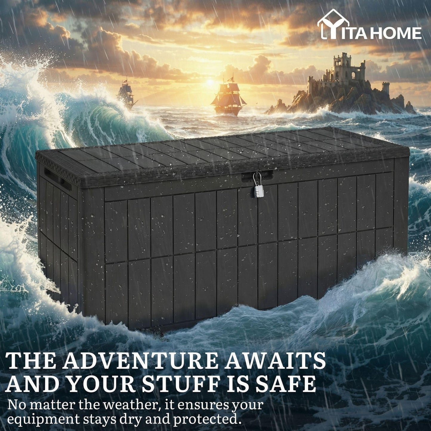 YITAHOME 134 Gallon Large Deck Box, Waterproof Resin Outdoor Storage Box with Lock, Doubles as 2-Person Bench Seating for Patio Furniture Cushions,Garden Tools & Pool Accessories, Black