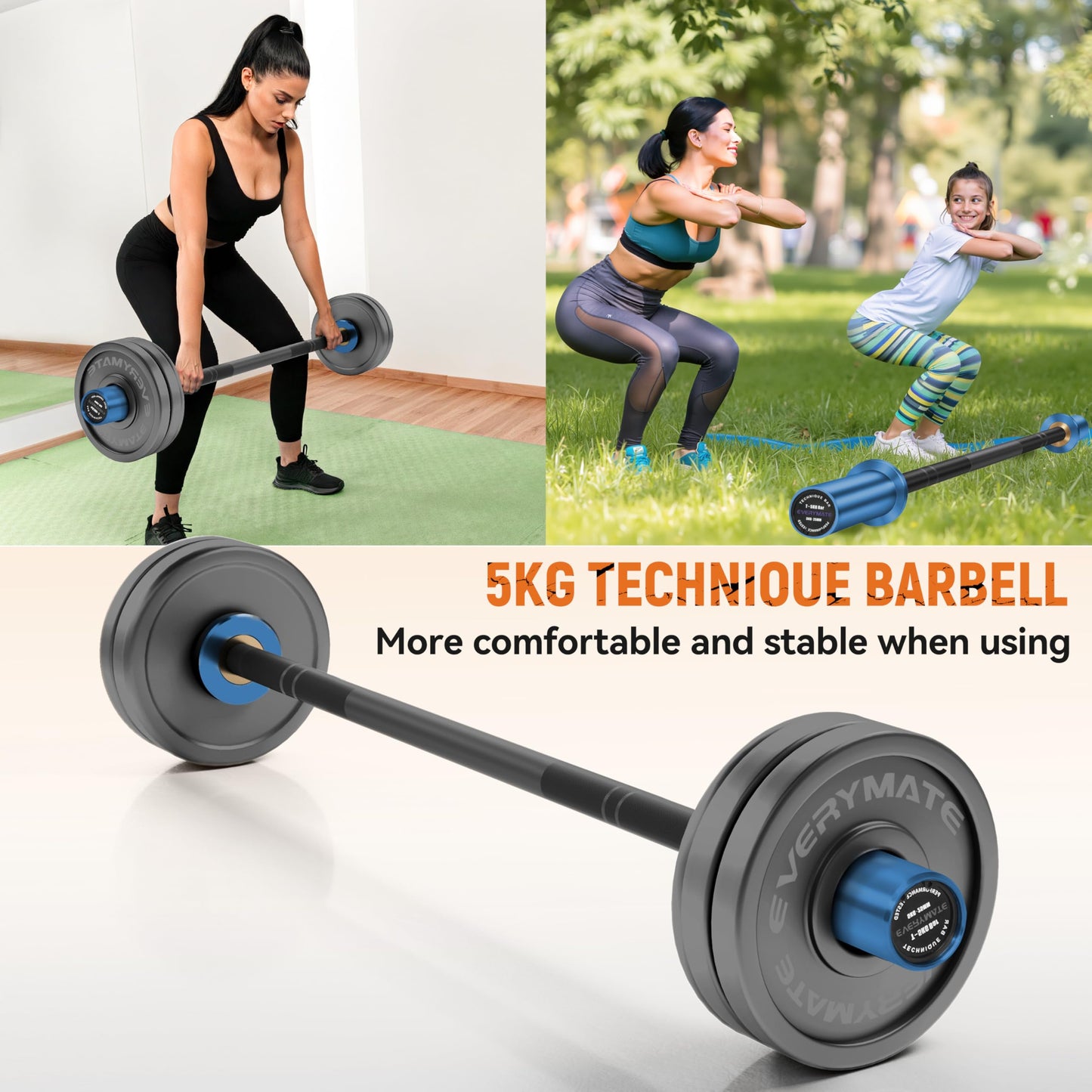 EVERYMATE 5kg Olympic Technique Bar – Lightweight Aluminum Training Barbell for Beginners, Youth & Rehab | 25mm Knurled Grip, 150lb Capacity, Compatible with 2" Weight Plates – Ideal for Form Practice & Cross-Training