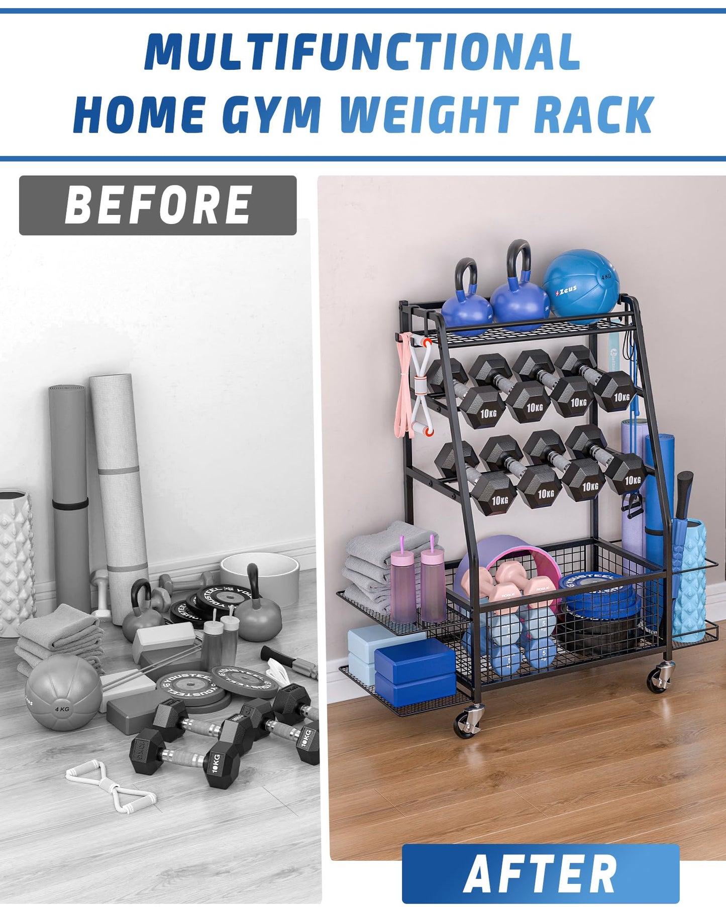 Staransun Staransun Dumbbell Rack Stand - Weight Rack for Dumbbells - Home Gym Storage Rack with 4 Flexible Wheels - Weight Rack for Home Gym with Side Storage and Hooks