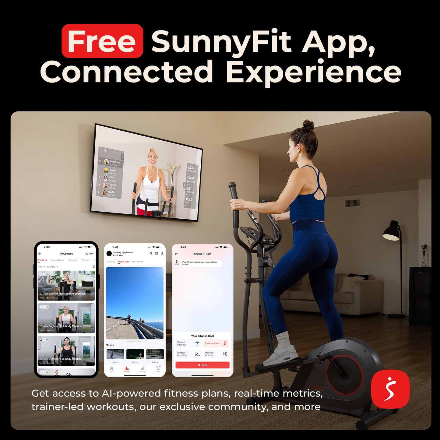 Sunny Health & Fitness Smart Elliptical Machine w/300LB Capacity & Pulse Sensor Built-in, 12" Stride Equipment for Home Cardio Exercise & Magnetic Cross-Training, Free SunnyFit App Bluetooth Connect