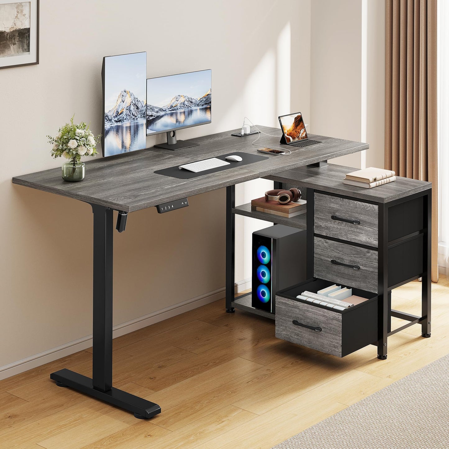 Homiflex 47 Inch L Shaped Desk with 3 Drawers Electric Standing Desks with Storage Computer Table Adjustable Height with Power Outlets 4 Memory Presets for Home Office, Grey
