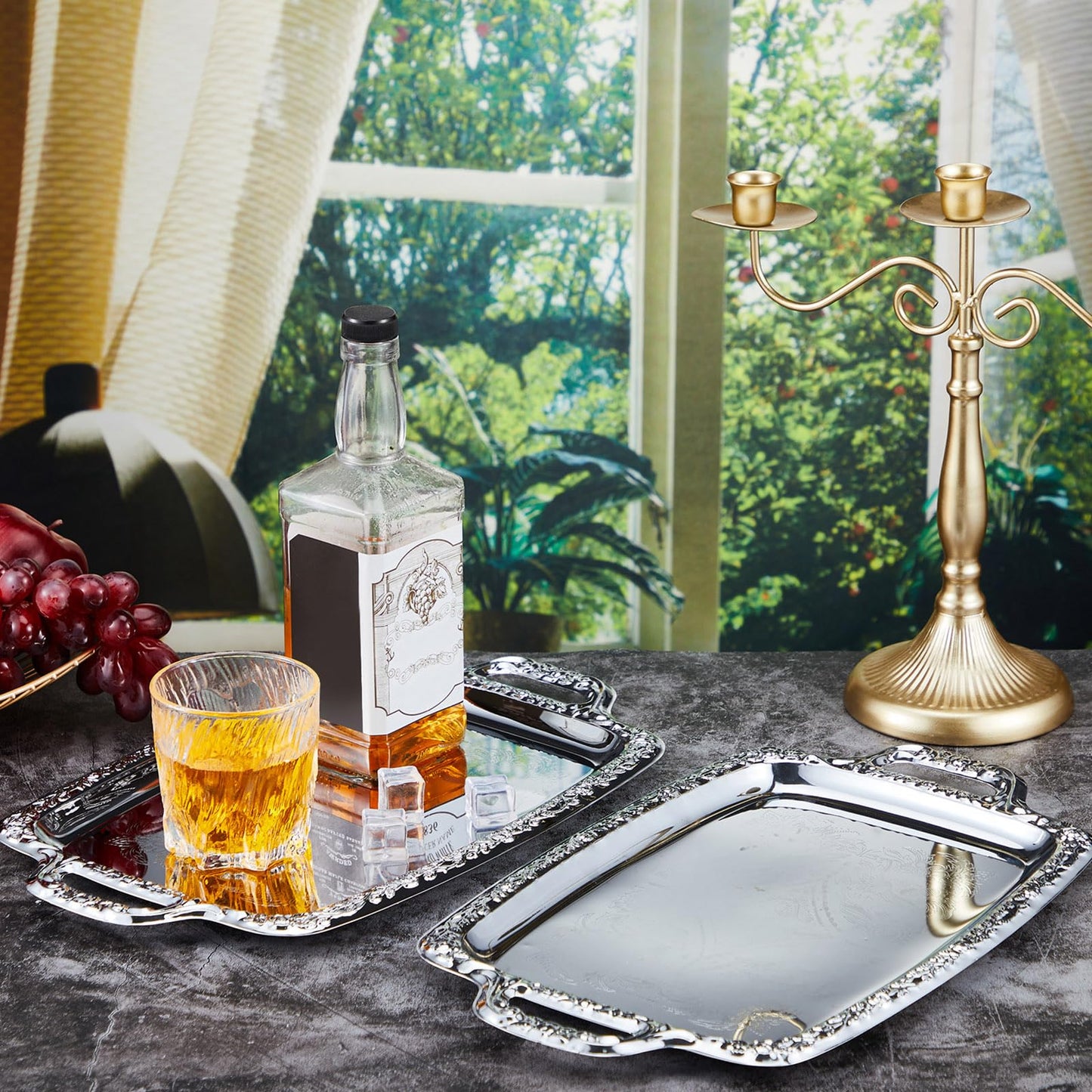 Tiangrid 4 Pcs Silver Serving Tray Elegant Floral Metal Plate Silver Platter for Buffet Wedding Party Jewelry Decorative (Oblong with Handle)