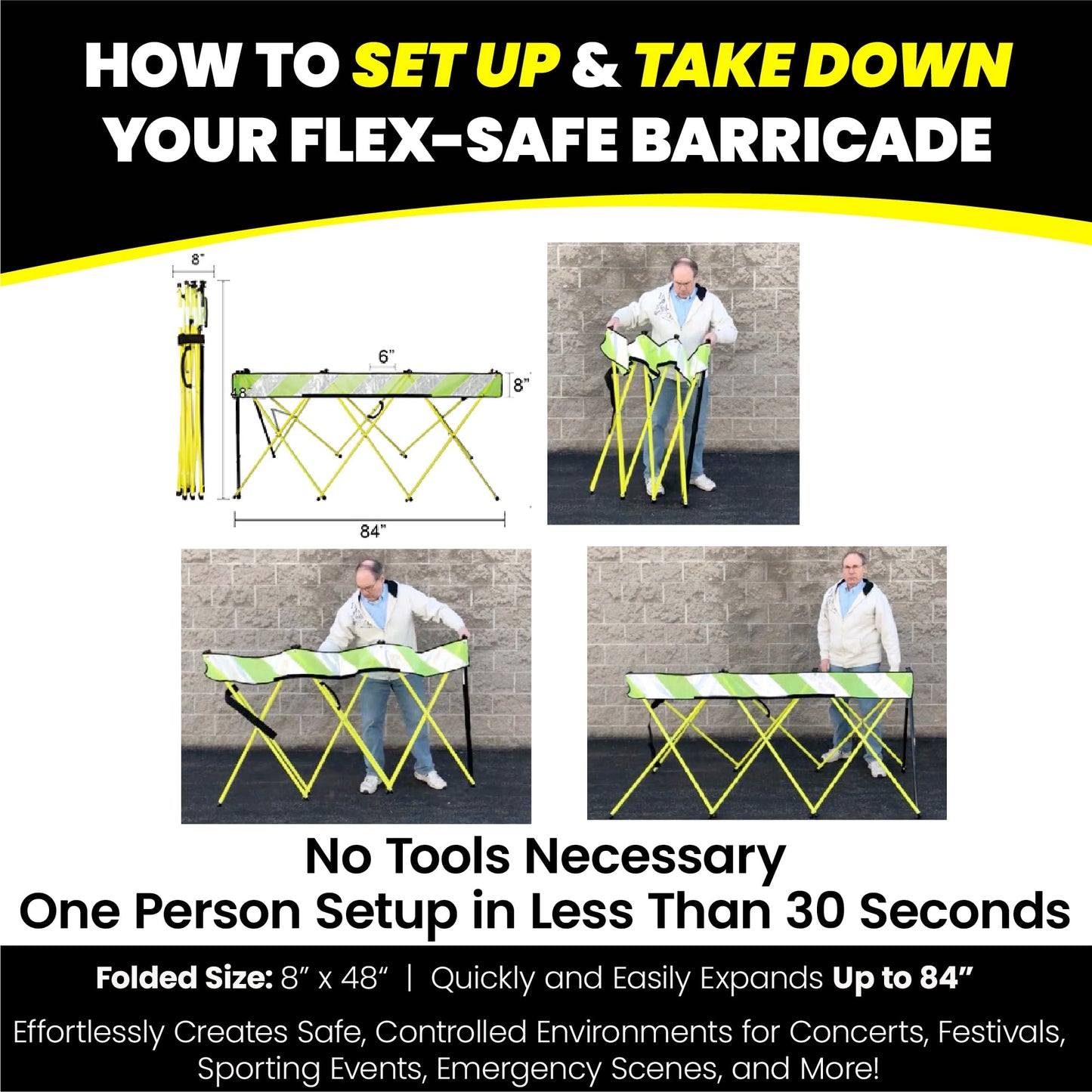 Flex-Safe - Flex-Safe Safety Barriers, Portable Expandable Barricade 7 ft Traffic Barricade Parking Barrier Folding Security Gate Scissor Gate Traffic Cones Alternative High Vis Yellow