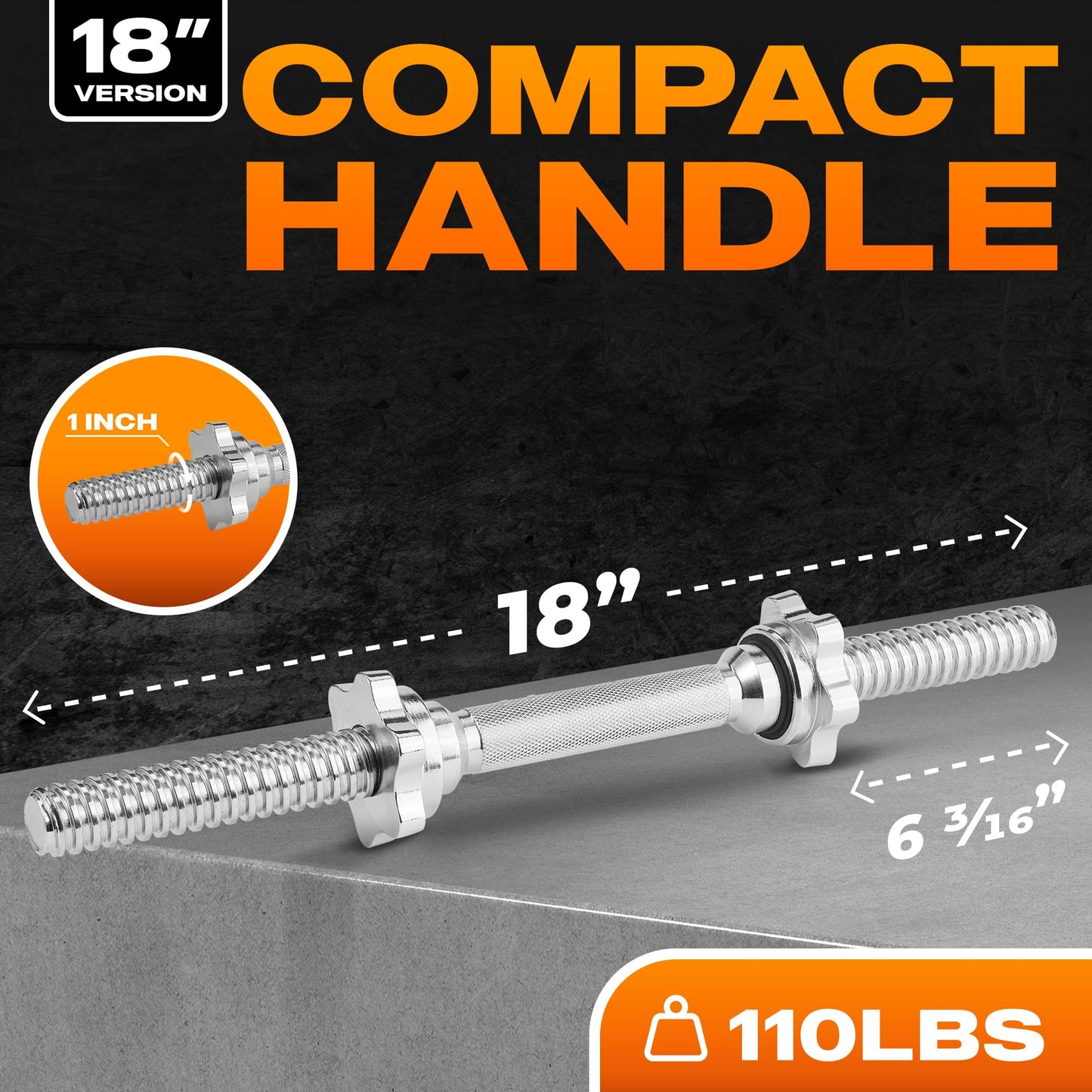 Yes4All Pair of Threaded Dumbbell Handles 18 inch with Collars, Chrome Grip, Fit 1” Plates, Weight Bar Connector