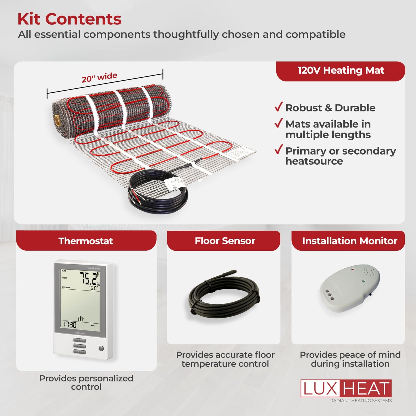 LuxHeat 20sqft Floor Heating Mat Kit – 120v Electric Radiant Under Floor Heating System – Heated Flooring System for Tile & Laminate - Includes UDG Programmable Thermostat w/GFCI, Alarm & Sensor