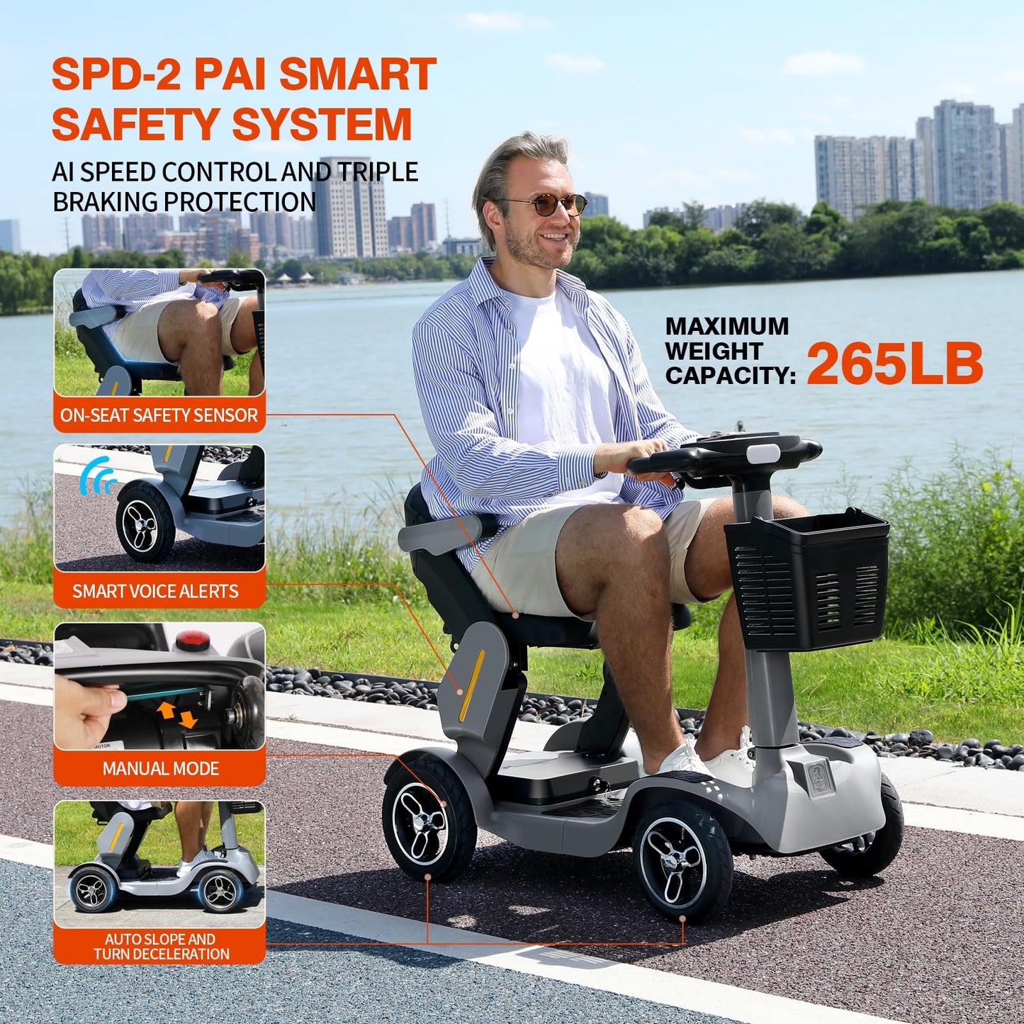 Mobility Scooter One-Button Foldable for Seniors & Adults – Dual Brakes, 265 lbs Capacity, Easy & Safe, 6.2 mph, 28 Miles, Lightweight, Indoor & Outdoor, Travel, All-Terrain