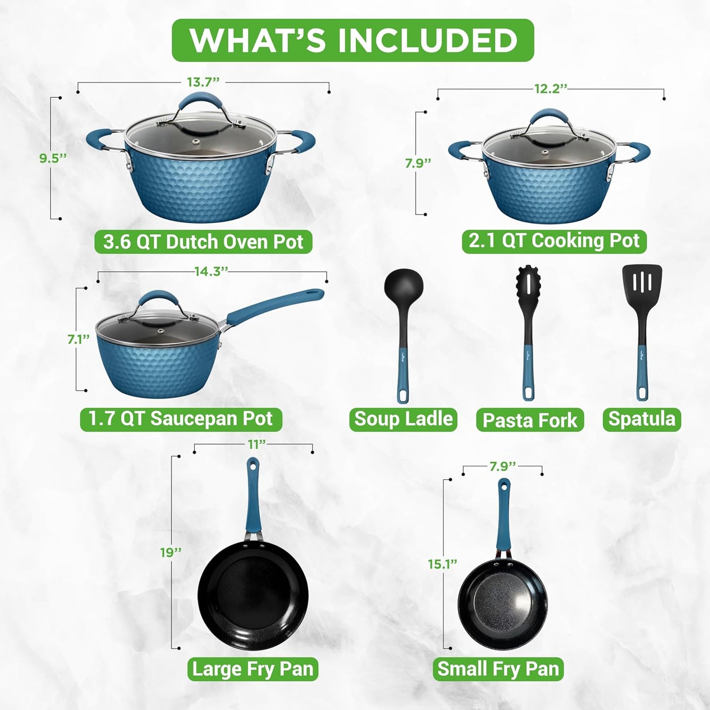 NutriChef 11-Piece Non-Stick Cookware Set | Ceramic Coating, Ergonomic Handles, Induction Ready - Royal Blue