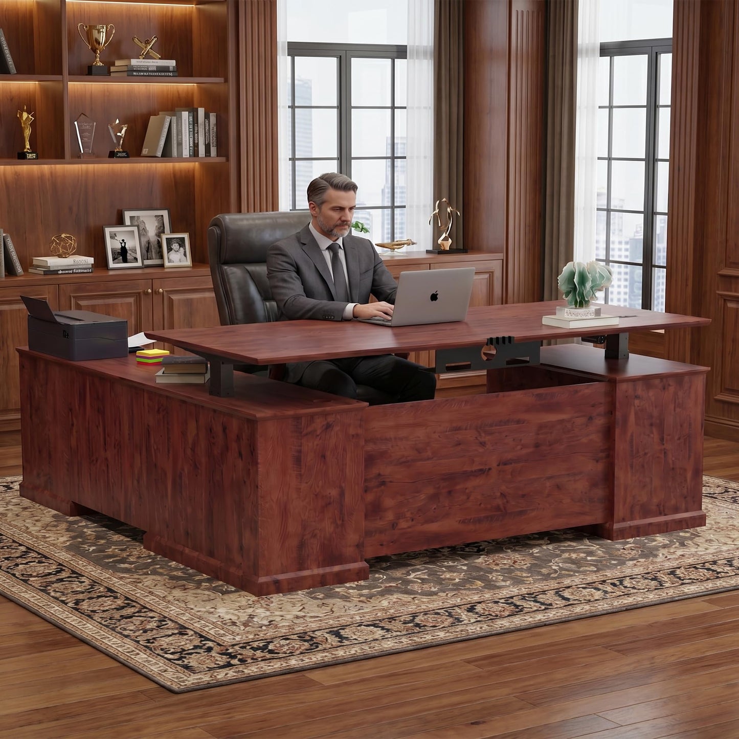 ZIMASYA 71" L Shaped Executive Desk with File Cabinet Drawers Outlet USB, Height Adjustable Modern Office Desk Privacy Panel Sit-Stand Workstation for Boss Managers Office Home Mahogany