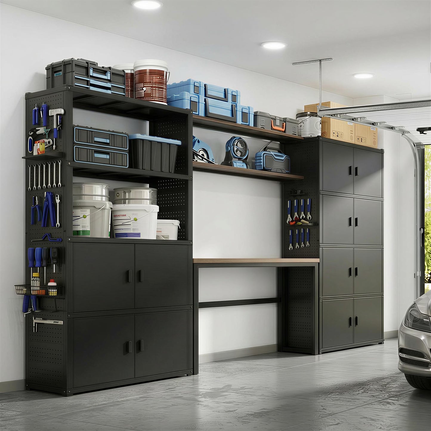 FLEXIMOUNTS Modular Garage Storage Cabinet System, All-in-One Garage Cabinet Set with Workbench & Pegboard, 6-Door with Open Shelf Access Heavy Duty Steel Tool Organization System, Black, FLEXIMOD