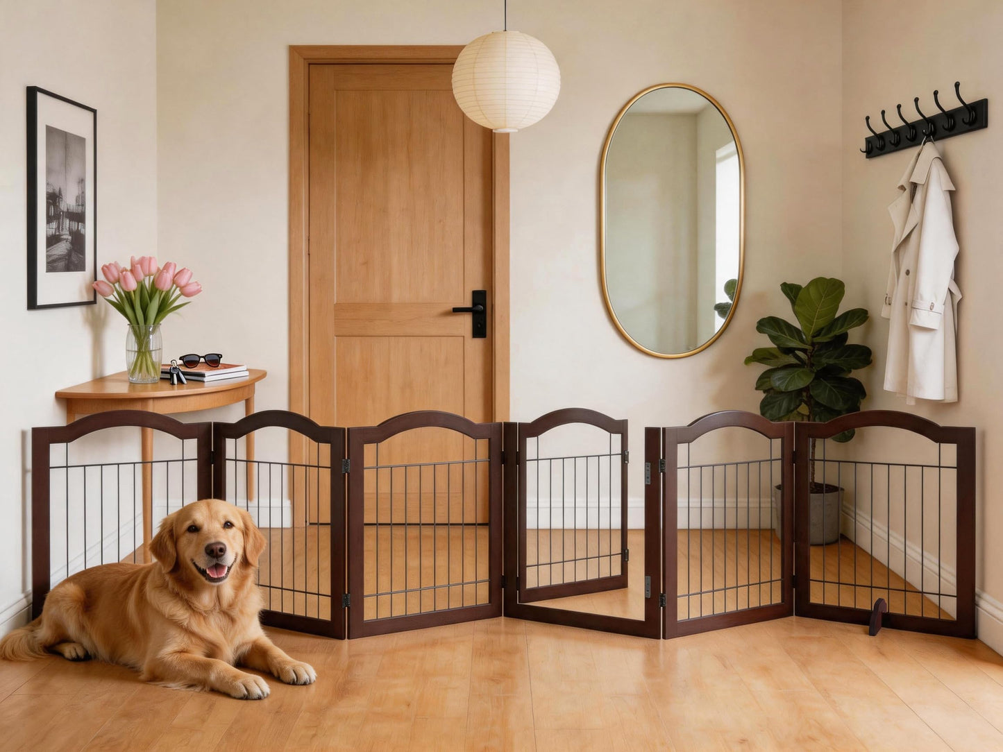 Vantas Espresso Wooden Folding Dog Gate 144" Wide x 30" Tall with Door, Freestanding Pet Gate, Pet Puppy Safety Fence
