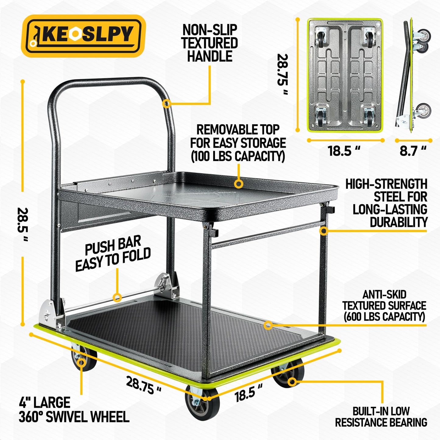Keoslpy Upgraded Foldable Push Cart Dolly, 700lbs Foldable Platform Truck Dolly with Wheels, Heavy Duty Platform Cart 2 Tier Moving Flatbed Cart for Warehouse, Garage, Workshop, Office 28.75" x 18.5"