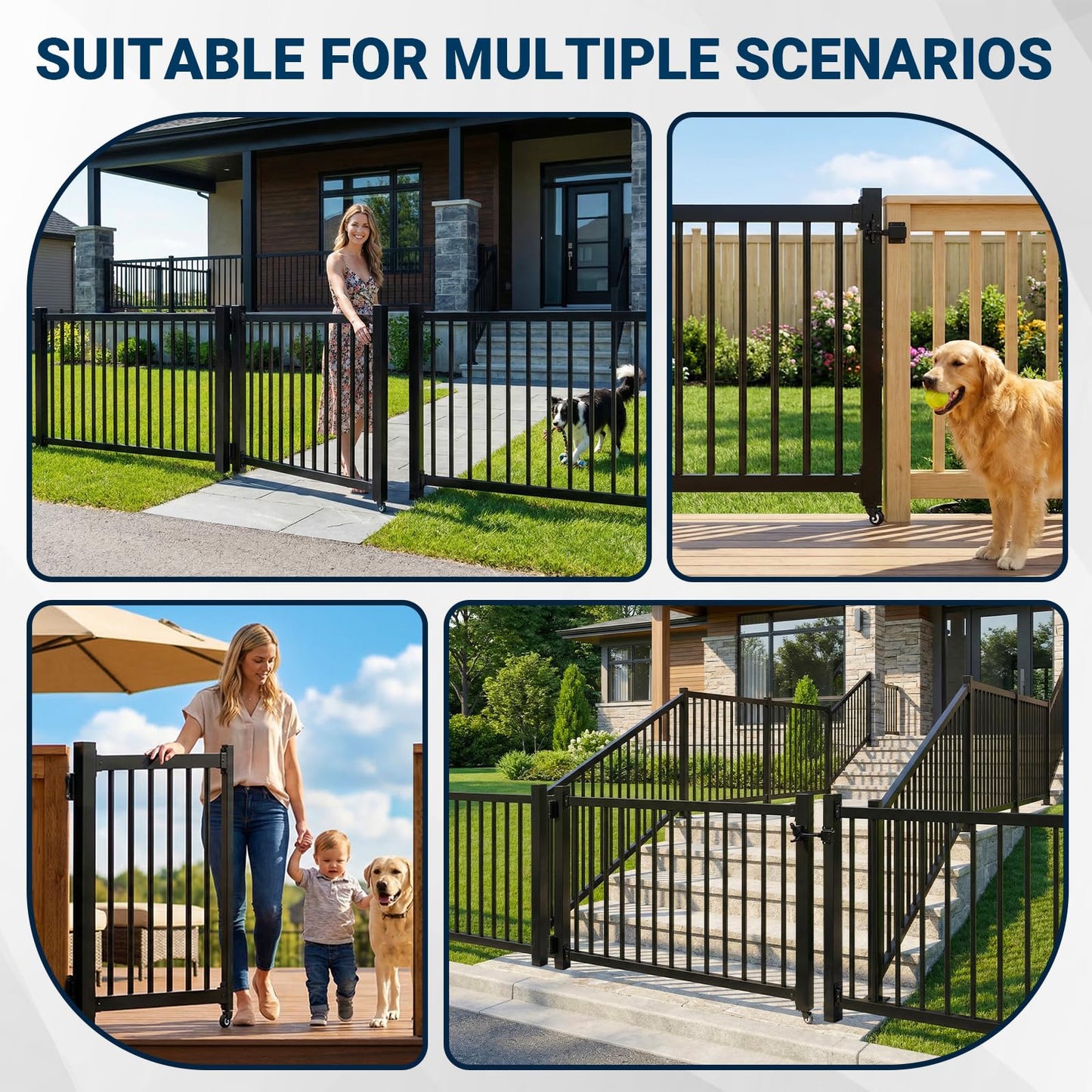 Deck Gate with Wheels, 36 x 45 Inches Auto-Closing Outdoor Railing Gate Fence Gate for H Railing, 1" Round Pipe with Latch,Cuttable Lockable for Outdoor Deck Patio