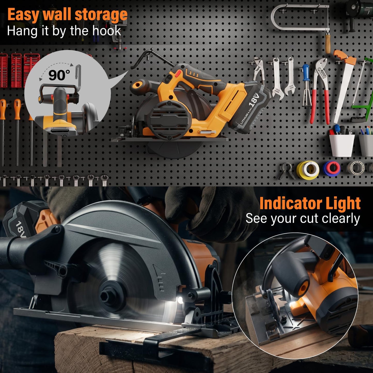 18V Max Corldless Circular Saws with 4.0Ah Battery & Charger - Up to 5500 RPM, LED Light Power Cutter Kit with 165mm 24T Blade, Max Cut Depth 55mm (90°), 36mm (45°) for Wood, PVC Cuting