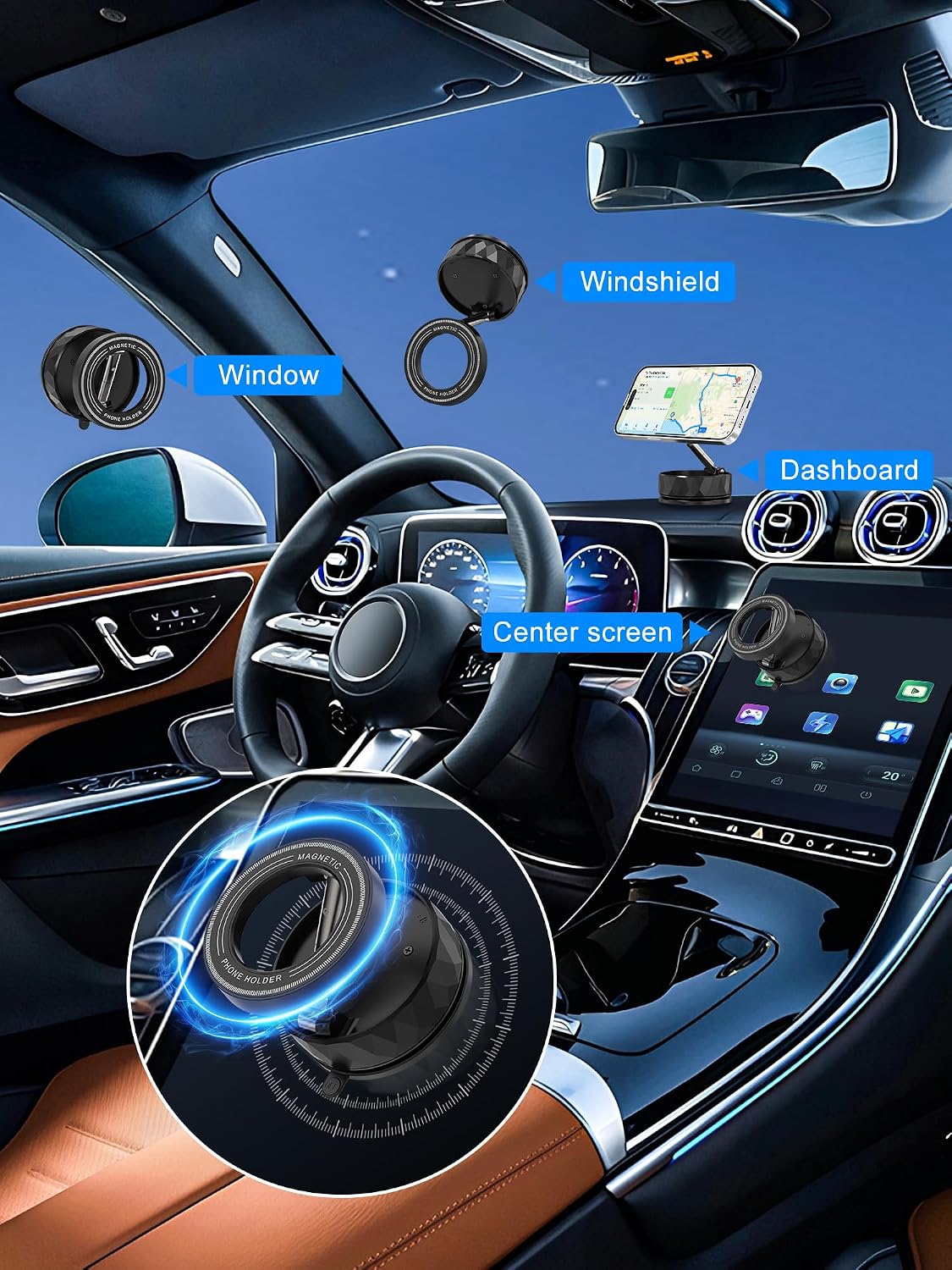 Bensejk 360Adjustment, 12-17(Black) Vacuum Magnetic Phone Holder, Magnetic Phone Holders for Car, Suction Cup & Strong