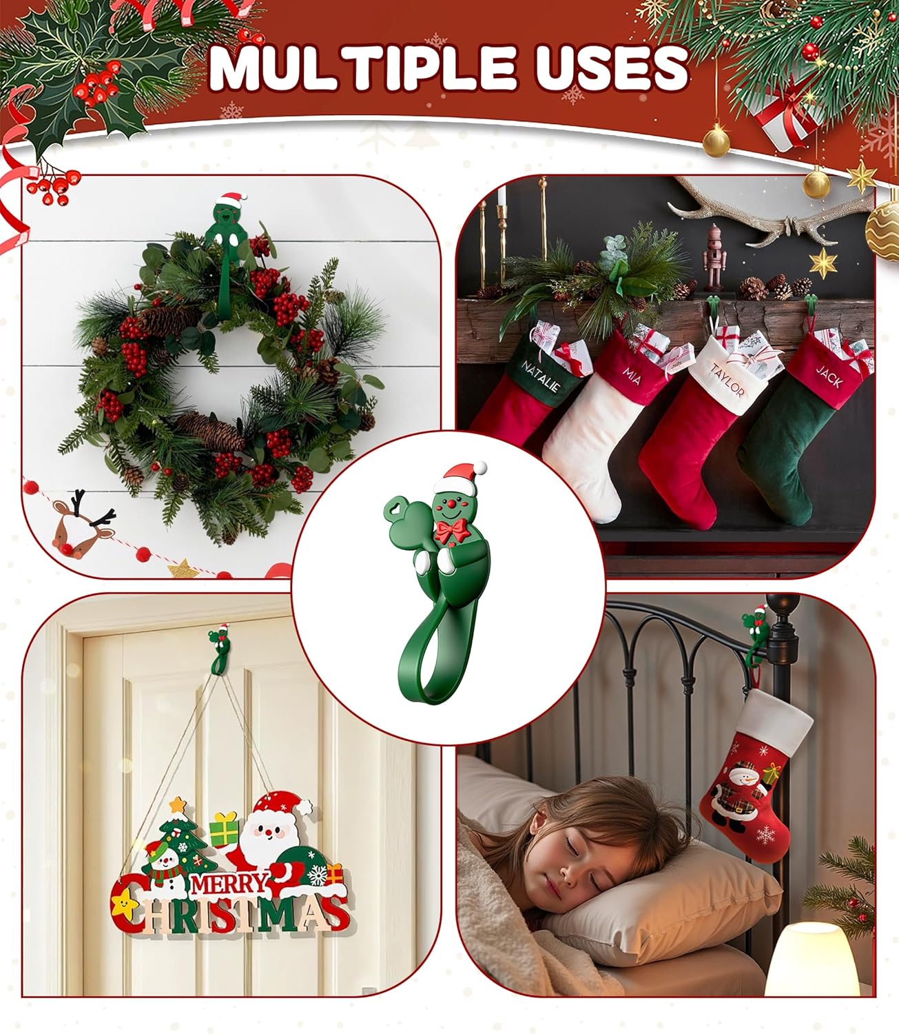 Skiennix Christmas Garland Hangers - Reusable Silicone Stocking Holders for Fireplace & Mantle | Large Green 6 Pack