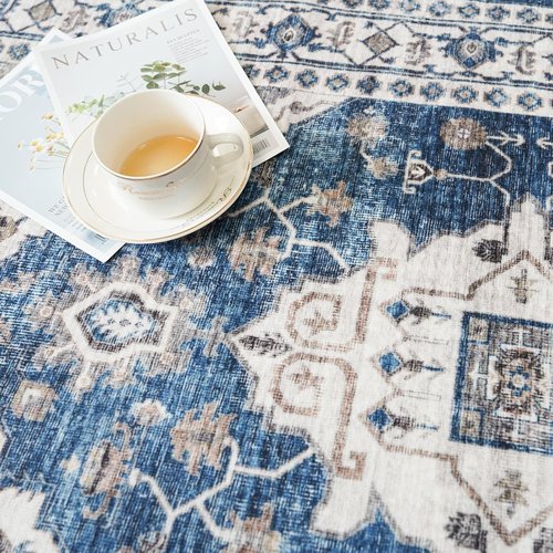 Hallway Washable Runner Rug - Vintage Soft Non-Slip Floor Mat for Entryway | 2'6''x14', Blue