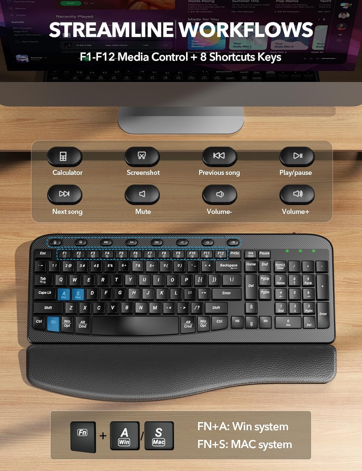 SABLUTE 2.4GHz Wireless Keyboard, Ergonomic Wave Keyboards with Cushioned Wrist Rest, USB Computer Wave Key Board