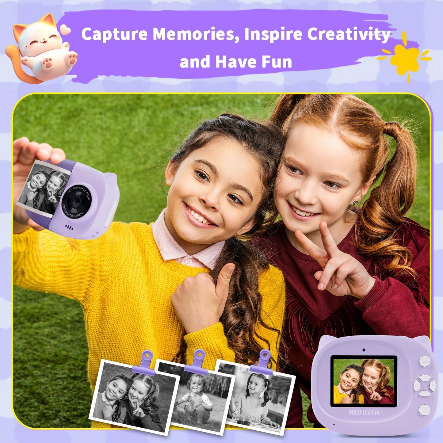 Rongta 1080P 3 4 5 6 7 8 Portable Instant Camera for Kids Print Photos Travel Digital Video Camera for Toddlers Year